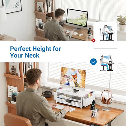 OPNICE Desk Organizer and Accessories, 2-Tier Computer Monitor Stand Riser with Drawer and 2 Pen Holders, Laptop Stand, Office Desk Accessories for Office Supplies, White – Perforated Steel Top