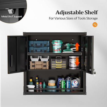VINGLI Garage Wall Cabinet with Locking Doors and Adjustable Shelf, Metal Wall Cabinet, Floating Upper Storage Cabinet (Black, 30''W x 12''D x 30''H)
