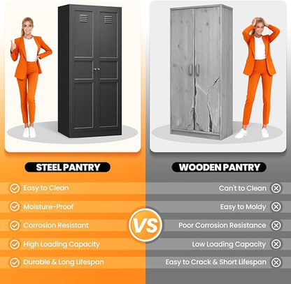 71" Tall Kitchen Pantry Storage Cabinet with 2 Doors and 5 Adjustable Shelve, Metal Black Food Pantry Cabinet, Kitchen Cabinet Storage Unit,6 Tier Freestanding Cupboard for Kitchen Dining/Living Room