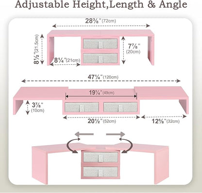 TEAMIX Pink Dual Monitor Stand Riser with 2 Drawers - Length and Angle Adjustable Double Corner Desk Shelf Organizer 37 inch for 2 Laptop/PC/Screen/TV (2 Drawers - 8''H)