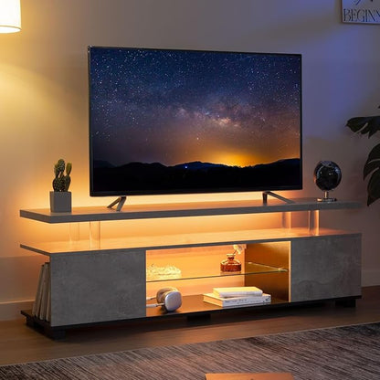 Grey TV Stand, LED TV Stand Modern Entertainment Center for Living Room LED Console Table for TV LED TV Cabinet for 65 inch TV