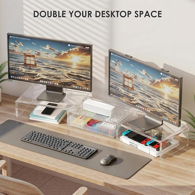 OPNICE Clear Acrylic Desk Organizers and Accessories, Dual Monitor Stand Riser with Drawer, Desk Shelf Computer Racks for Office Workspace Organizers, Desktop Organization