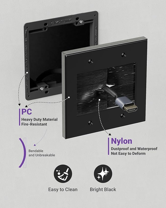 VCELINK 2 Gang Brush Wall Plate (Black, 2 Pack), Cable Pass Through Wire Hider for Cable Management, Compatible with Ethernet Cables, HDMI Cables & Home Theater Systems (Black, with Bracket)