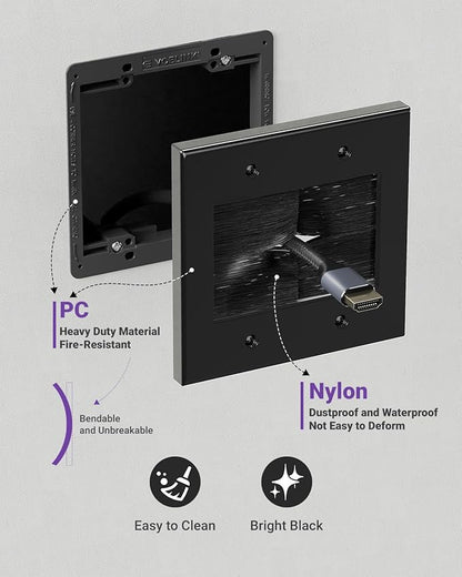 VCELINK 2 Gang Brush Wall Plate (Black, 2 Pack), Cable Pass Through Wire Hider for Cable Management, Compatible with Ethernet Cables, HDMI Cables & Home Theater Systems (Black, with Bracket)