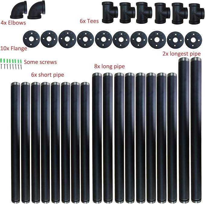 Yuanshikj 2Pc (56" Tall 12" deep 3/4") Industrial Wall Mount Iron Pipe Shelf Shelves Shelving Bracket Black Bookshelf Bookcase DIY Storage Office Kitchen (4Tier Hardware only)