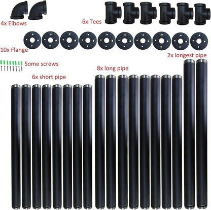 Yuanshikj 2Pc (56" Tall 12" deep 3/4") Industrial Wall Mount Iron Pipe Shelf Shelves Shelving Bracket Black Bookshelf Bookcase DIY Storage Office Kitchen (4Tier Hardware only)