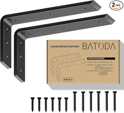 BATODA 12” Countertop Support Brackets for Granite (2 pcs) - Heavy Duty L Shelf Bracket - Wall Mounted Support for DIY Open Shelving – Blind Shelf Support - Shelving Mounting Hardware Included(Pack 2)