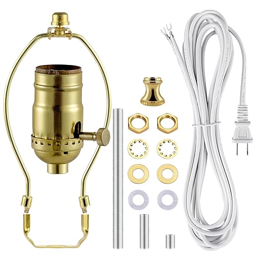 Lamp Making Kit,Make a Lamp or Repair Kit,3-Way Lamp Socket with Matching Cord Lamp Harp Set,Lamp Wiring Kit for Table Floor Lamp,Essential Hardware for DIY Lamp Design or Repair (Gold, 1)