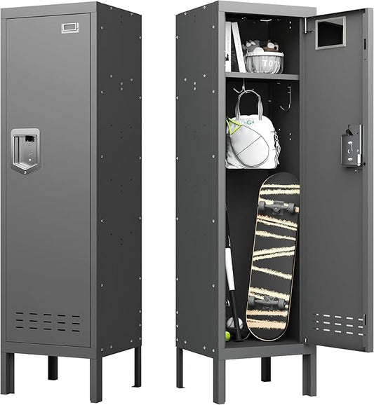 Metal Storage Locker with Lock & Card Slot Locker - Secure Lockable Door - Steel Locker for School, Office, Gym, Home - 54" H x 15" W x 15" D（1 Door, Grey）