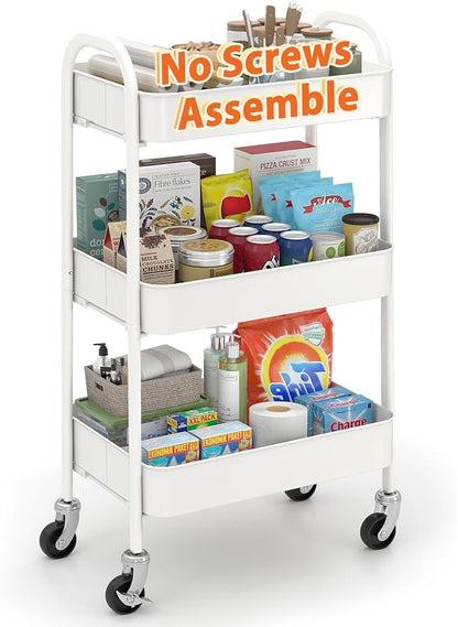 Sekey 3 Tier Metal Rolling Cart, No Screws Assemble Kitchen Cart, White Utility Cart on Wheels, Mini Rolling Carts for Small Spaces, Bathroom Storage, Bedside, Office, Food, Snack, Craft