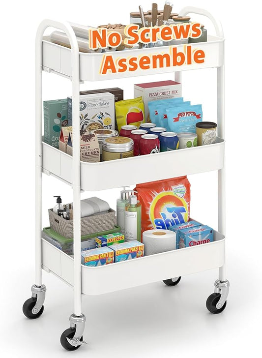 Sekey 3 Tier Metal Rolling Cart, No Screws Assemble Kitchen Cart, White Utility Cart on Wheels, Mini Rolling Carts for Small Spaces, Bathroom Storage, Bedside, Office, Food, Snack, Craft