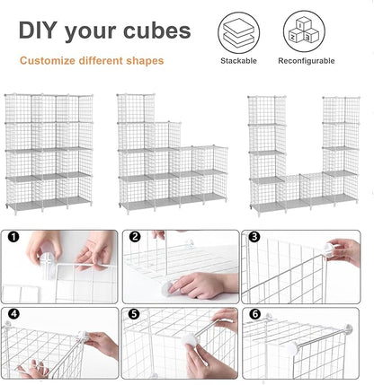 12-Cube Storage Organizer, Metal Wire Cube Shelving Unit, 11.8" L x 11.8" W x 11.8" H, Modular Grid Bookshelf for Closet, Bedroom, Office, Black ATTJL12B