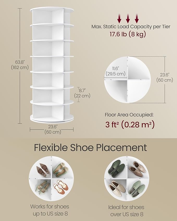 VASAGLE 7-Tier Rotating Shoe Rack Tower, Free Standing 360 Degree Spinning Shoe Organizer, Lazy Susan Bag Display Storage Rack, for Corners, Closets, Small Spaces, White ULBS047WZ01
