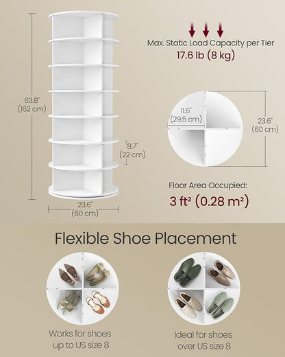 VASAGLE 7-Tier Rotating Shoe Rack Tower, Free Standing 360 Degree Spinning Shoe Organizer, Lazy Susan Bag Display Storage Rack, for Corners, Closets, Small Spaces, White ULBS047WZ01