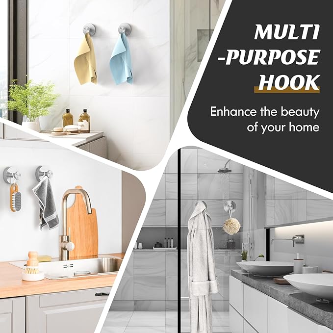 Suction Cup Hooks for Shower,Removable Shower Towel Suction Hooks for Bathroom Wall,Kitchen,Glass,Mirror,Tile to Hang Robes,Loofah-Silver(4-Pack)