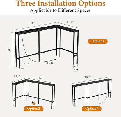 GRLEAF L Shaped 70" Narrow Console Sofa Table with Built-in Power Strip (2 AC Outlets & 2 USB Ports) – 4.9ft Power Cord, Metal Frame, Easy Assembly, Ideal for Behind Couch, Hallway (Black, 70IN)