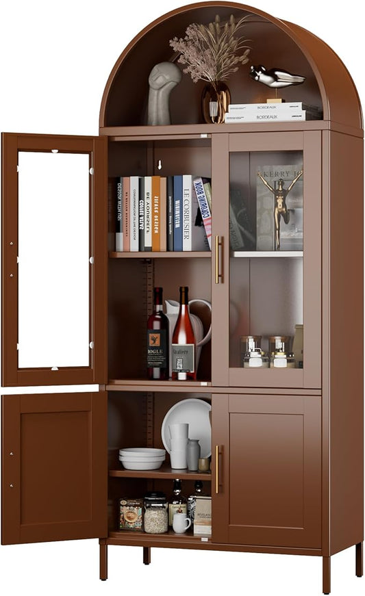 Metal Arched Pantry Cabinet with 2 Drawers,Brown Arched Kitchen Pantry Cabinet with Glass Door for Kitchen Home, Assemble Required,Brown,72.76"×30.83" W×16.10" D