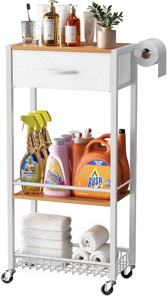 Lewondr Rolling Storage Cart with Drawers, 3-Tier Laundry Room Shelves, Sturdy Bathroom Organizer Shelf with Wood Top, Rolling Drawer Cart with Handle and Wheels for Kitchen, Office, Classroom, White