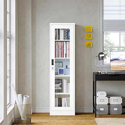 Display Storage Cabinet with Glass Doors, 65 Inches Metal Curio Cabinets with 4 Adjustable Shelves, HD Tempered Glass Cabinet Display Case for Home, Office, Pantry, Assemble Required (White)