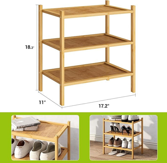 BMOSU 3-Tier Bamboo Small Shoe Rack Premium Stackable Shoe Shelf Storage Organizer for Hallway Closet Living Room Entryway Organizer(Natural)