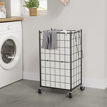 WOWLIVE Laundry Hamper with Wheels,Metal Wire Frame Rolling Laundry Basket with Removable bag,100L Dirty Clothes Hamper Organizer Dorm Room Storage for Bedroom,Bathroom,Black and White
