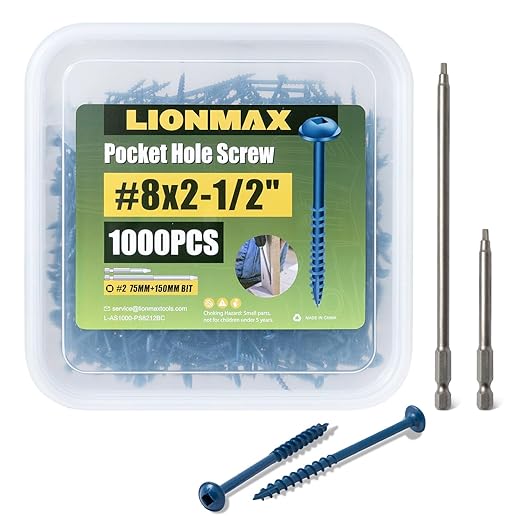 LIONMAX Pocket Hole Screws 2-1/2 Inch, 1000 PCS Exterior Pocket Screw #8 x 2-1/2", Coarse Thread, Square Drive, Washer Head, Blue Coated Weather Resistant, 150MM and 75MM Drive Bit Included