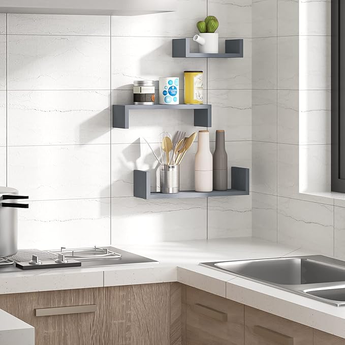 SRIWATANA Floating Shelves Wall Mounted, Solid Wood Wall Shelves, Weathered Gray…