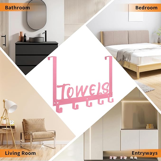 Over The Door Hook - 5 Coat Hooks Towel Rack for Bathroom & Bedroom (Pink)