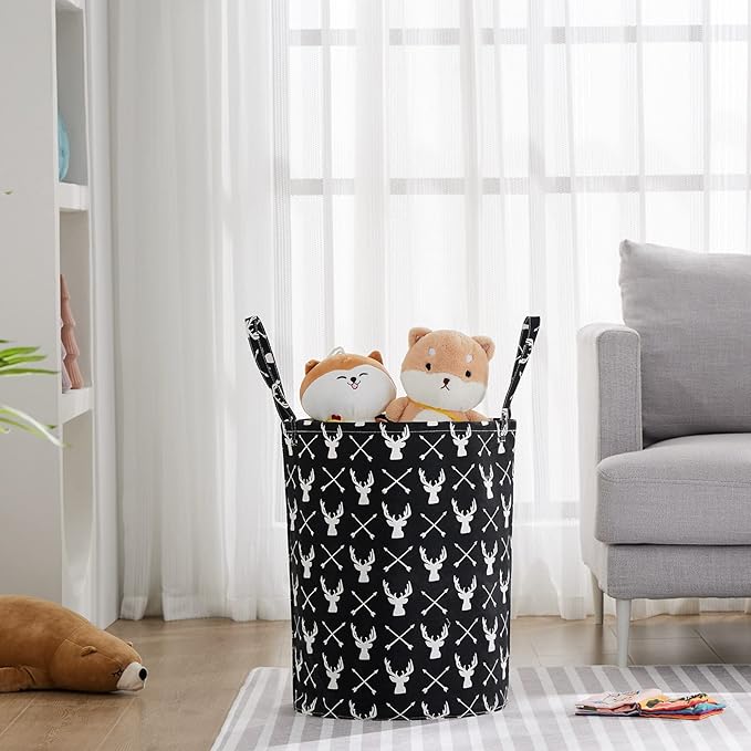 TECHMILLY Large Storage Basket for Girls and Boys, Collapsible Laundry Hamper with Long Handles, Toy Bins for Nursery, Kids Room Décor (Black Deer, 2 Pack)