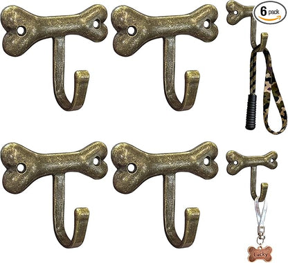 6PC Dog Bone Shaped Hooks Wall Mount Pet Leash Hook Cat Leash Holder for Wall Cute Coat Hooks Key Holder for Entryway Hallway Kitchen Office, Great Gift for Dog and Cat Lovers(Antique Brass)