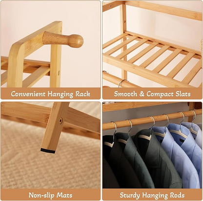 Bamboo Clothing Garment Rack 2 Tier Storage Shelf Coat Clothes Hanging Rack, Portable Wardrobe Closet Organizer With Top Shelf, Shoe Storage Shelves for Bedroom (Natural - 31.5 in)
