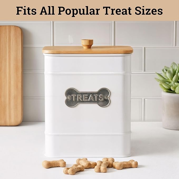 Dog Treat Container Airtight - 6 Inch Wide x 8 Inch Tall Iron Dog Treat Jar for Kitchen Counter with Airtight Bamboo Lid - 12 Cup Capacity Pet Treat Container - Doggie Cookie Jar - Big Treats Canister
