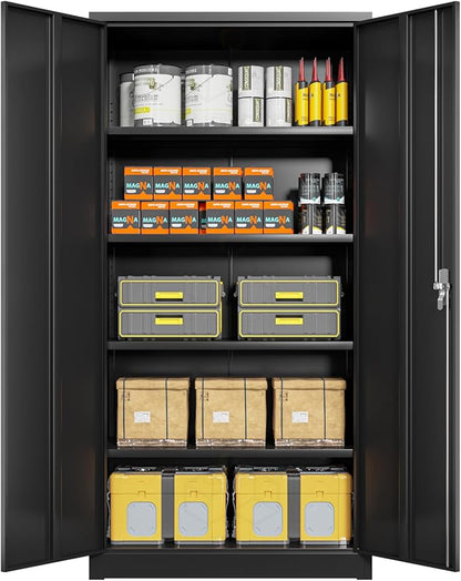 Black Iron Metal Lockable Storage Cabinet - Durable Home Office Garage Organizer for TV & Slim Storage - Secure Sideboard Locking Filing Pantry Tall Bathroom Floor Storage Cabinet with Lock