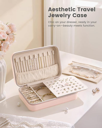 Lolalet Travel Jewelry Case for Women Girls, Travel Jewelry Organizer with Clear Storage Bag Small Portable Jewelry Box for Necklace Bracelet Earring Ring Birthday Bridesmaid Gifts -Large/Pink