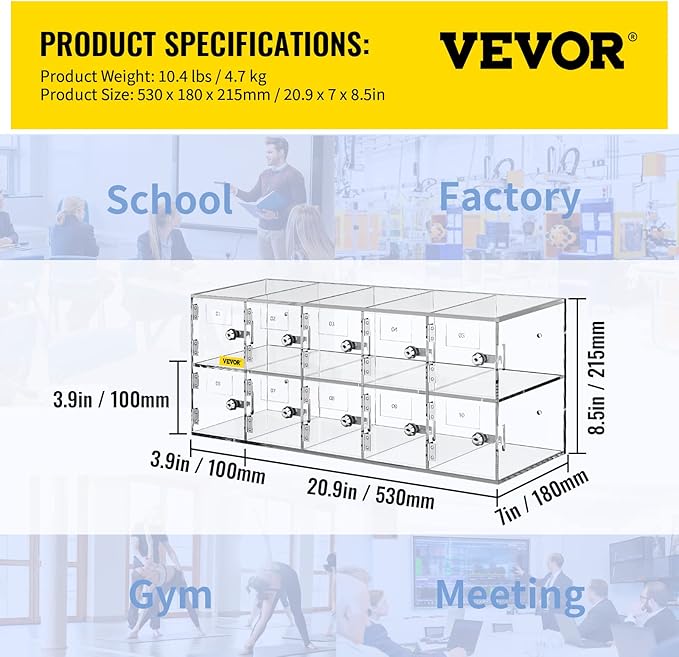 VEVOR Cell Phone Storage Locker, 10 Slots Acrylic Material with Door Locks and Keys, Wall-Mounted Cabinet Pocket Office Classroom Gym Box, Clear