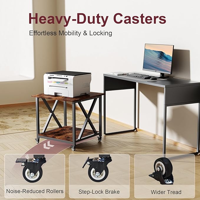 2-Tier Large Printer Stand with Storage Shelf, 23.6 x 23.6 Inches Printer Table, 2-Tier Rolling Cart with Industrial Wheels for Home Office (Rustic Brown)