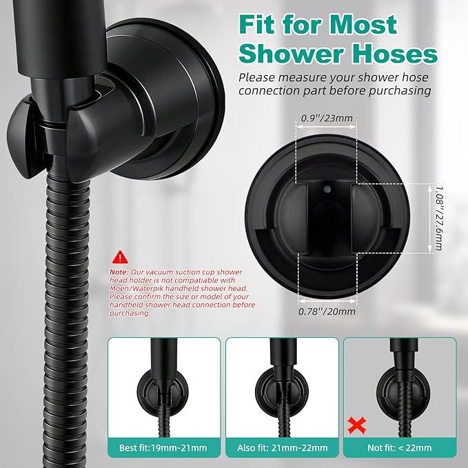 Hibbent 2 Pack Vacuum Suction Cup Shower Head Holder, Removable Shower Head Bracket, Height Adjustable Wall Mount ABS Plastic Suction Holder for Handheld Showerhead, Matte Black