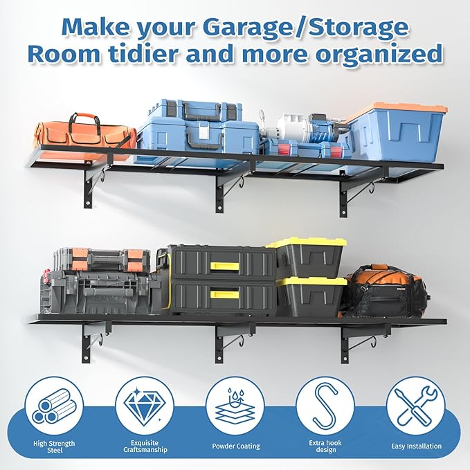 Garage Wall Shelving,46"X 12.5" Garage Shelving Wall Mounted,Heavy Duty Garage Storage Rack with 4 Hooks,160 LBS Capacity,Black Metal Floating Organizer Shelves for Laundry,Warehouse (1)