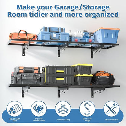 Garage Wall Shelving,46"X 12.5" Garage Shelving Wall Mounted,Heavy Duty Garage Storage Rack with 4 Hooks,160 LBS Capacity,Black Metal Floating Organizer Shelves for Laundry,Warehouse (1)