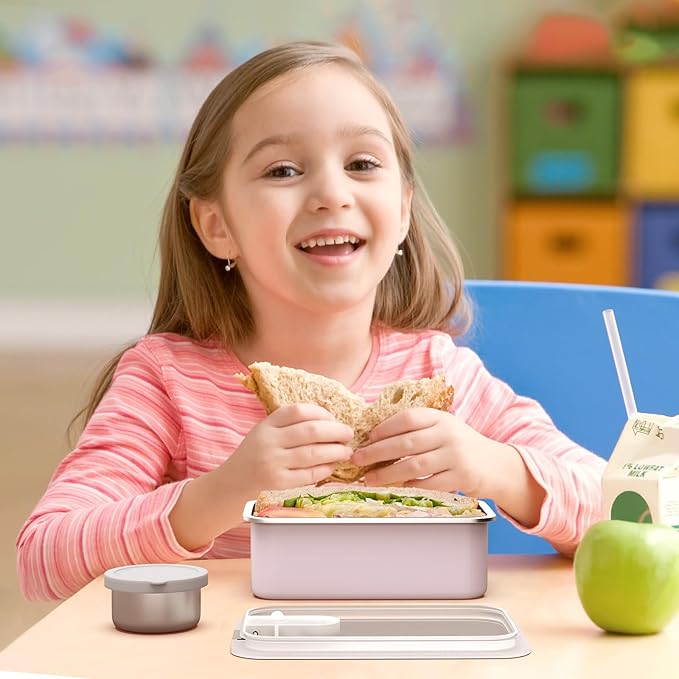 Stainless Steel Bento Lunch Box for Kids, 33oz Leak-Proof Lunch Box Containers, Microwave-Safe, with Adjustable Divider, Convenient Metal Lunchbox for School, Travel