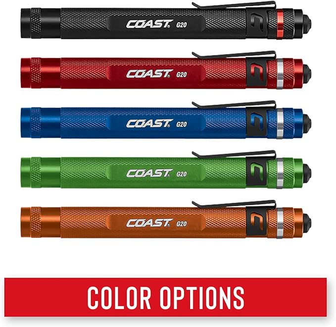 Coast G20 Inspection Beam LED Penlight with Adjustable Pocket Clip and Consistent Edge-to-Edge Brightness, Black, 54 lumens,2 Pack