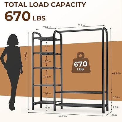 Heavy Duty Clothes Rack with 5 Tiers Shelves, Max Load 670LBS, Portable Freestanding Multi-Functional Metal Clothing Rack with Hanging Rods Organizer System for Bedroom Closet Wardrobe, Black