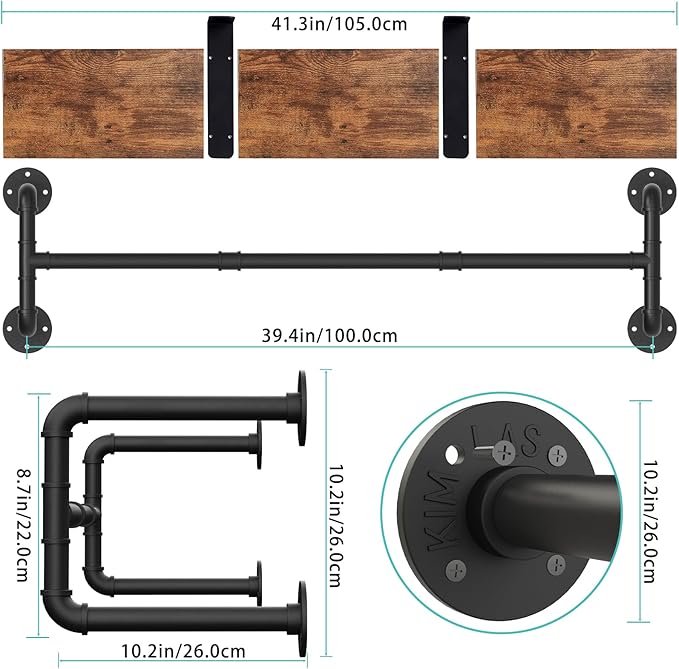 Yawinhe Industrial Pipe Clothing Rack with Shelves, Wall Mounted, Space Saving Closet Rod with 4 Bases, for Shops, Homes, 41.3''Lx10.2''Wx10.2''H, Rustic Brown, 1-Pack
