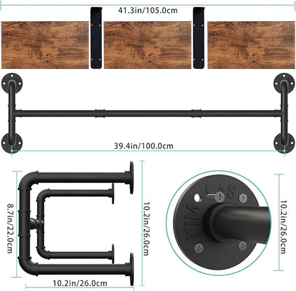 Yawinhe Industrial Pipe Clothing Rack with Shelves, Wall Mounted, Space Saving Closet Rod with 4 Bases, for Shops, Homes, 41.3''Lx10.2''Wx10.2''H, Rustic Brown, 1-Pack
