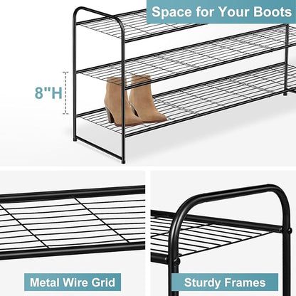AOODA Long 3 Tier Metal Shoe Rack for Closet Wide Stackable Shoe Storage Organizer for Entryway, Bedroom, Floor, 24-Pairs Men Sneakers Shoe Shelf with Wire Grid, Black