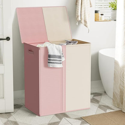 WOWLIVE Double Laundry Baseket with Lid and Removable Laundry Bags,154L Large Laundry Hamper 2 Section Collapsible Dirty Clothes Hamper for Laundry Room,College Dorm,Bathroom,Pink and Beige