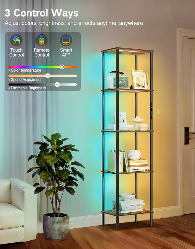 5 Tier Display Shelves with RGB Lights, Display Cabinet with Touch & APP & Remote Control, Dimmable Bookshelf with Music Sync, Adjustable Color Lighting for Living Room, Bedroom