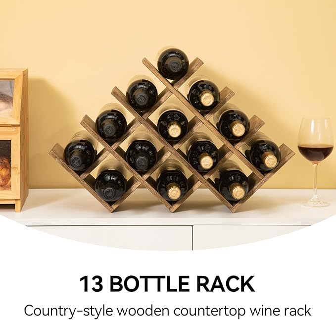 KIRIGEN 13-Bottle Wine Rack 4-Tier Nature Wood Wine Display Rack/Standing and Countertop Storage Shelf - Bottle Holder/Cabinet Glass 4-Layer Dark Brown XHJJ4-DBR