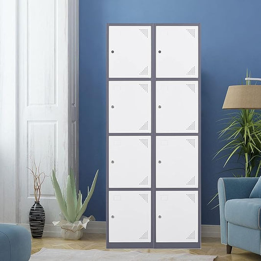 Metal Locker with 4 Doors, 71'' Lockers for Employees Steel Storage Locker, Lockable Locker Cabinet for School, Gym, Home Office and Garage（Grey White） (Rectangular)