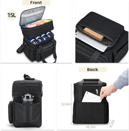 Insulated Lunch Bag & Lunch Box for Men - Double Deck Reusable Lunch Bag for Women Tote Cooler Bag Leakproof Soft Expandable - Large Lunchbox for Work/Adult/Picnic/Outdoor (Black，15L)